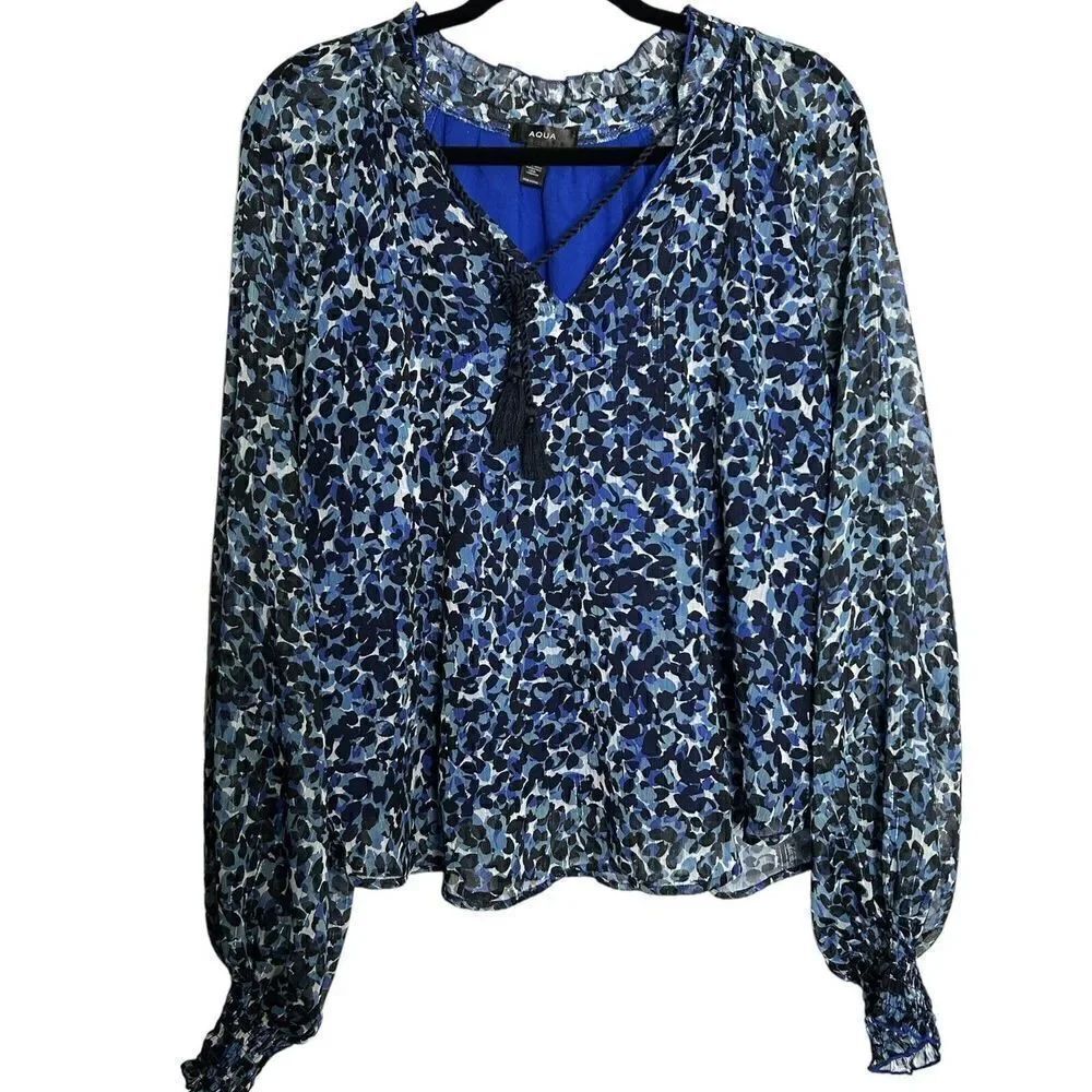 Aqua Womens Abstract Animal Print V-Neck Tassel Tie Blouse Shirt Size Large